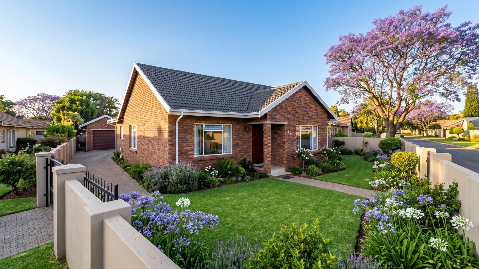 A well-kept single-storey face-brick home on the East Rand with a charcoal concrete-tile roof, white fascias, a green lawn and a jacaranda in the garden.