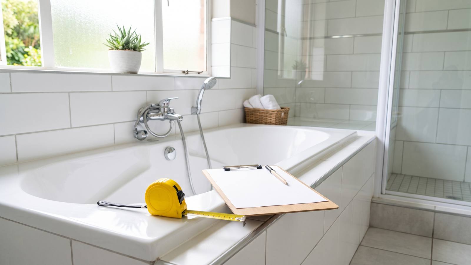 A tape measure and a clipboard resting on the edge of a bath in a clean bathroom during a quote visit.