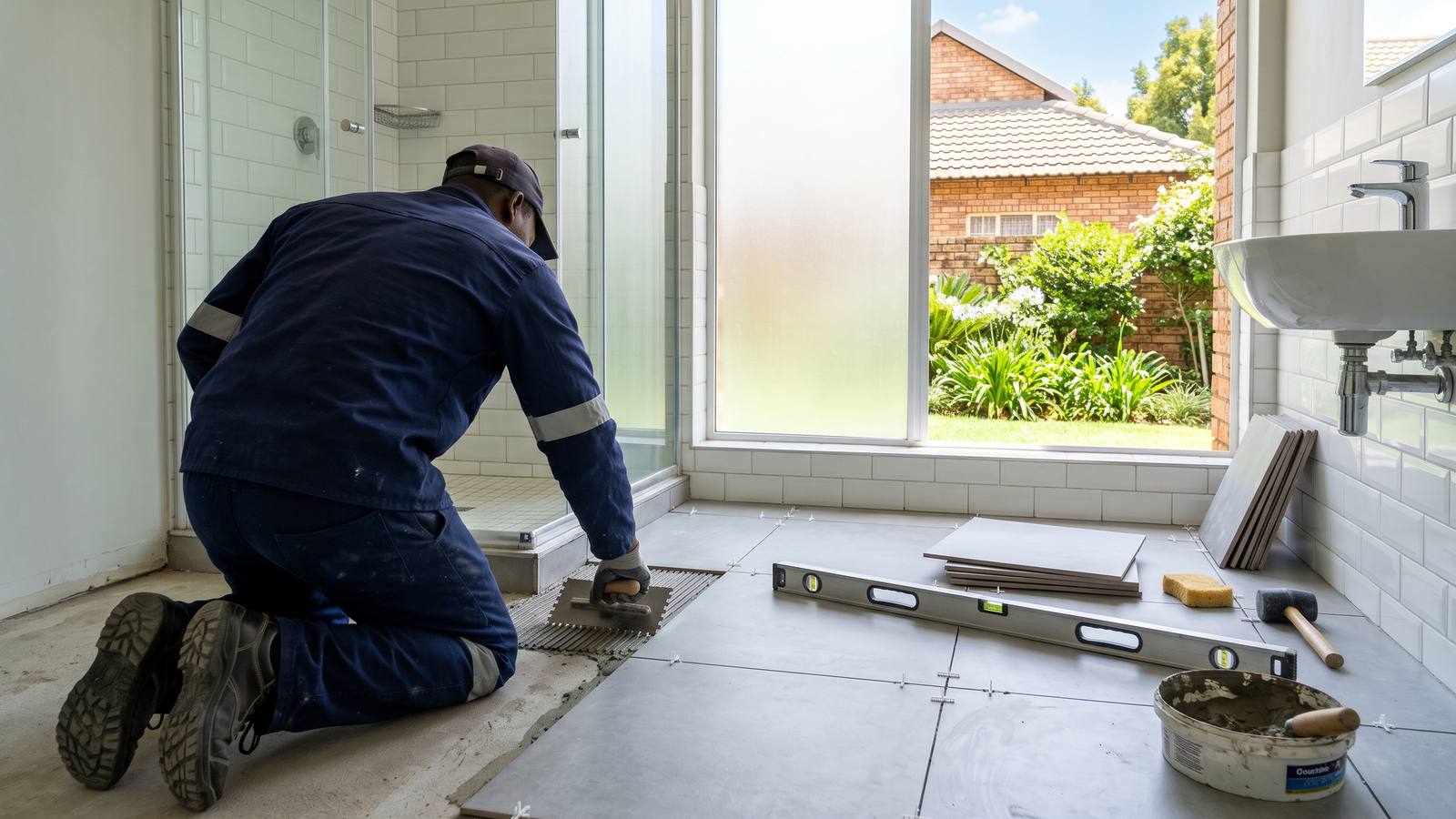 A tiler in navy overalls, kneeling with his back to the camera, laying large grey porcelain floor tiles with spacers in a bright bathroom.