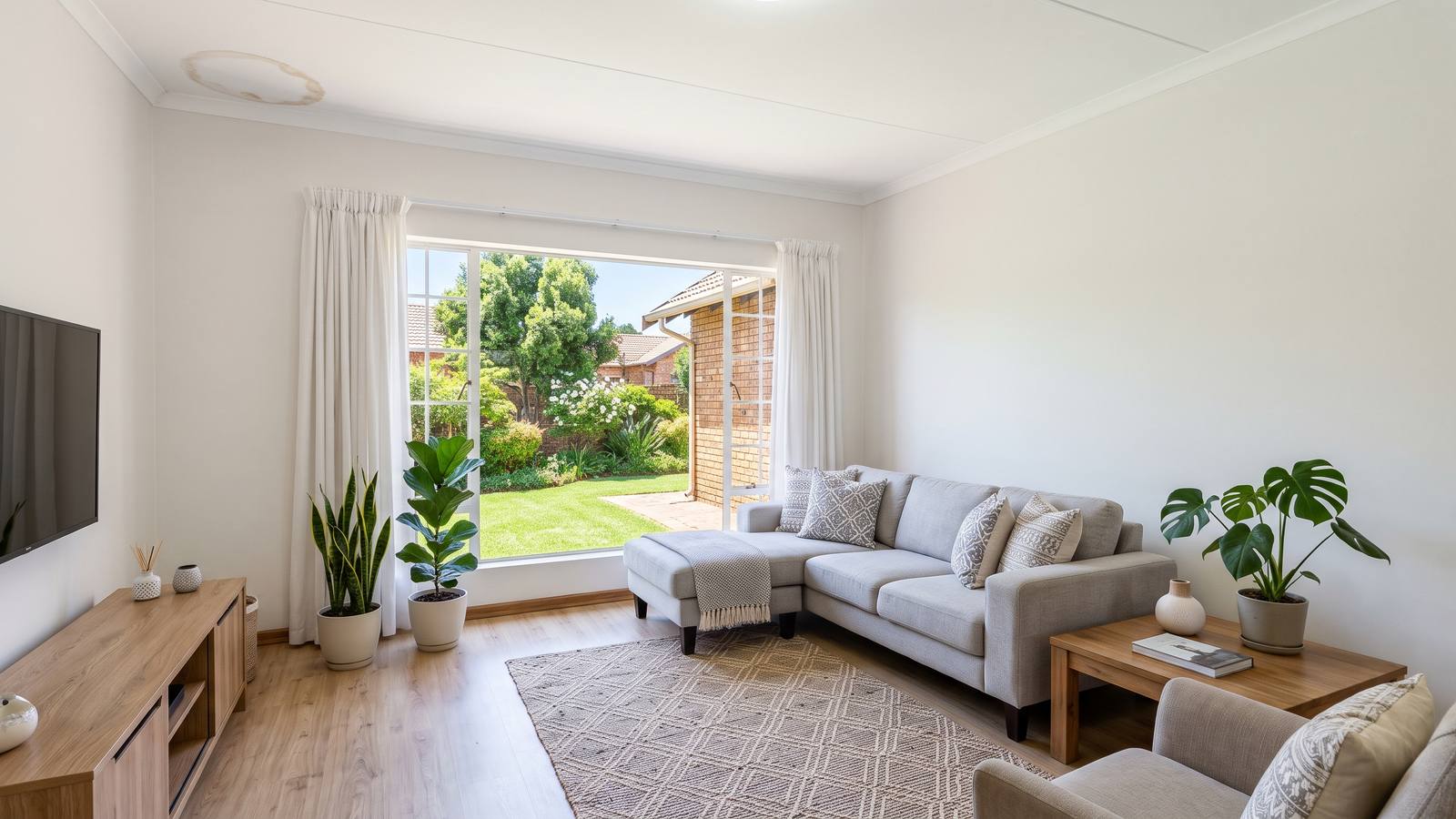 A brown water stain on a white gypsum ceiling board in a bright, neatly furnished living room, below where a roof leak has reached the ceiling.